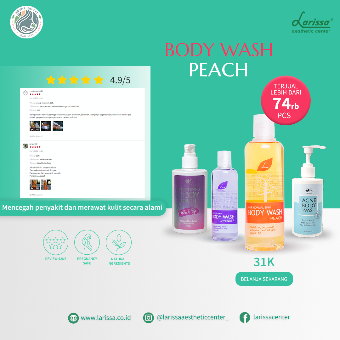 best seller produk larissa aesthetic center kategori sabun bada : body wash peach series