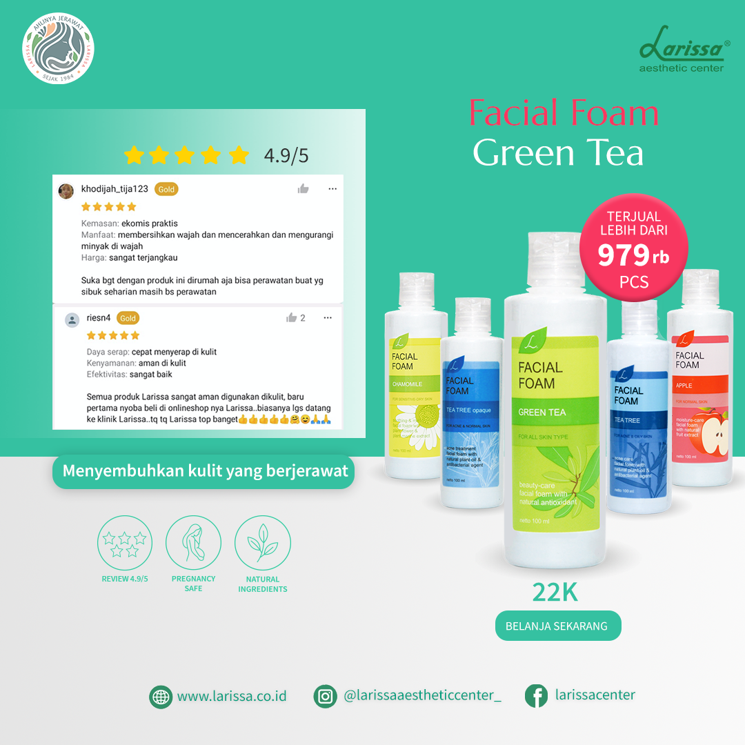 best seller produk larissa aesthetic center kategori sabun cuci muka : facial wash green tea basic