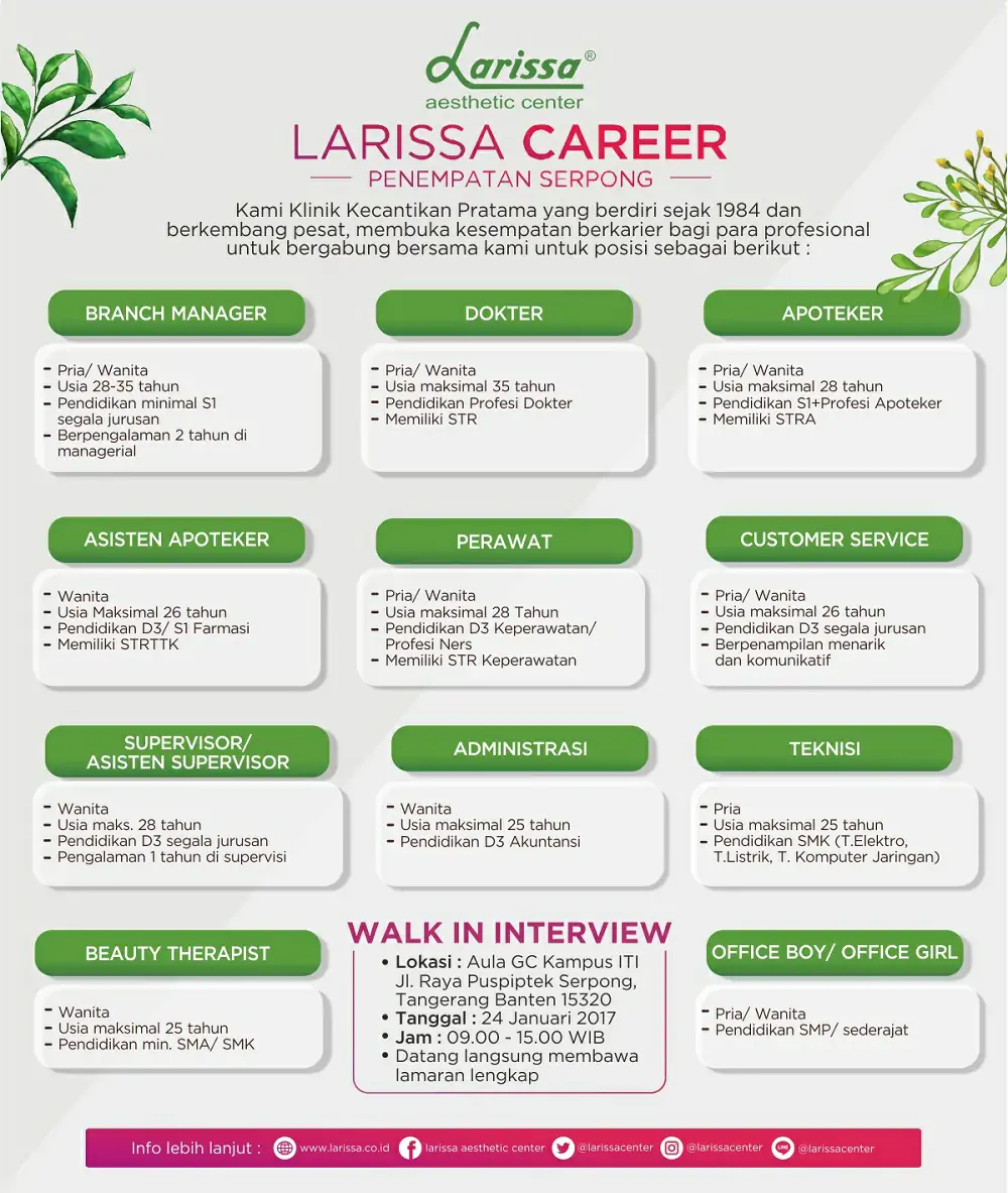 Lowongan Kerja Larissa Penempatan Gading Serpong Tangerang