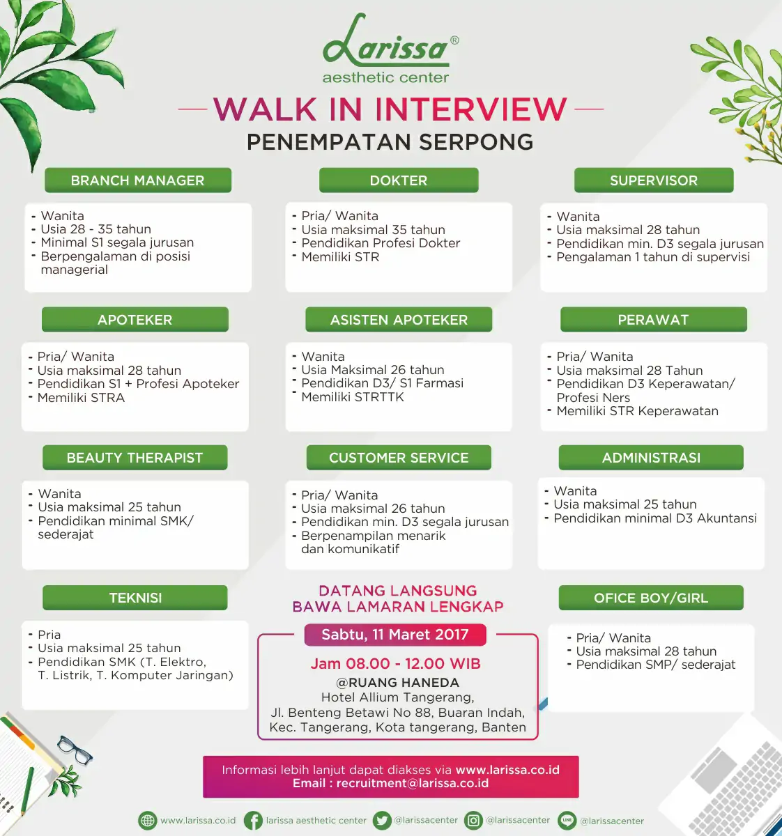 Walk In Interview Larissa Aesthetic Center Serpong 11 Maret 2017