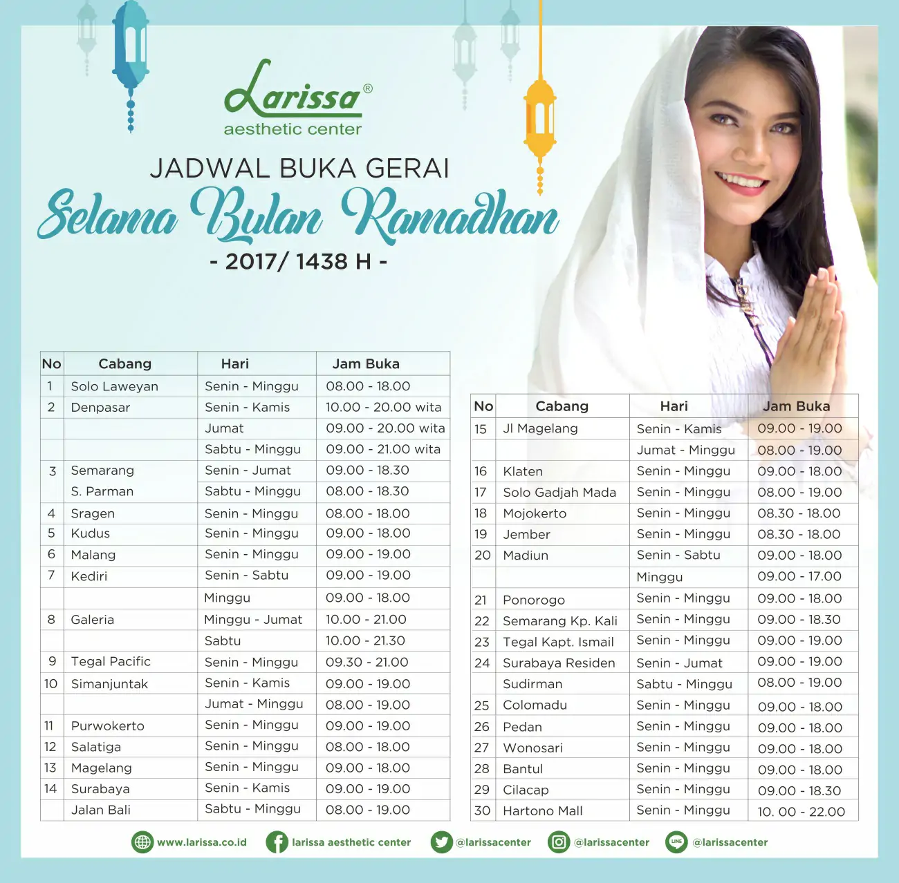 Jadwal Operasional Cabang Larissa Aesthetic Center Bulan Ramadhan 2017