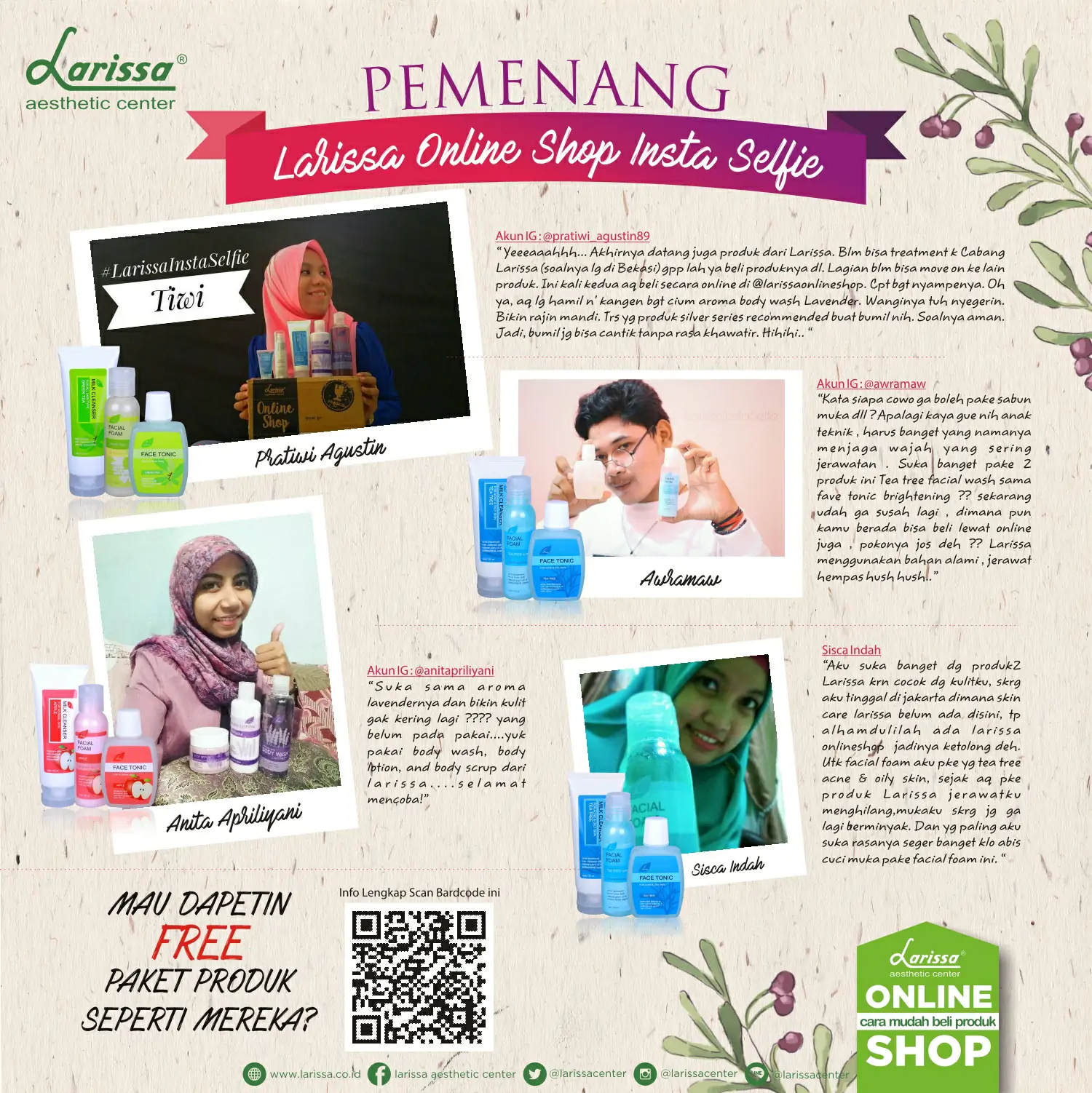 Pengumuman Pemenang Larissa Onlineshop Insta Selfie Periode Oktober 2016